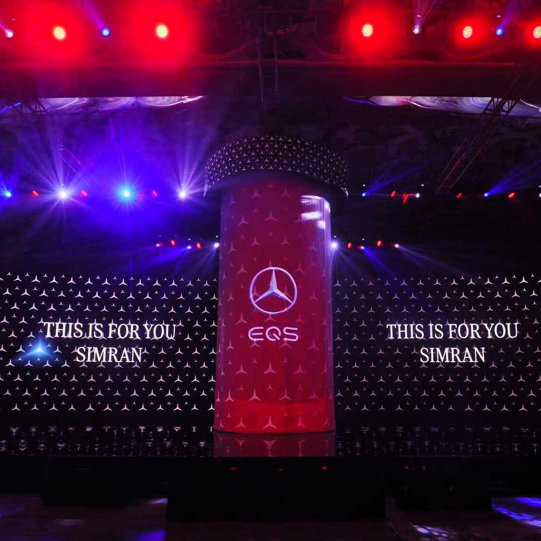 Mercedes-Benz launches the latest EQS with text displaying 'This is for you Simran'.