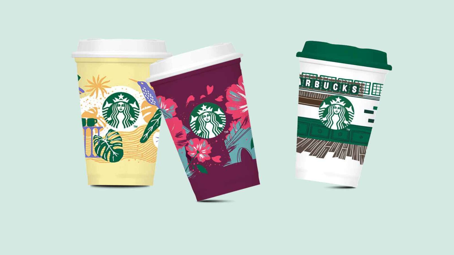 A collection of Starbucks reusable coffee cups adorned with lively patterns inspired by Japan.